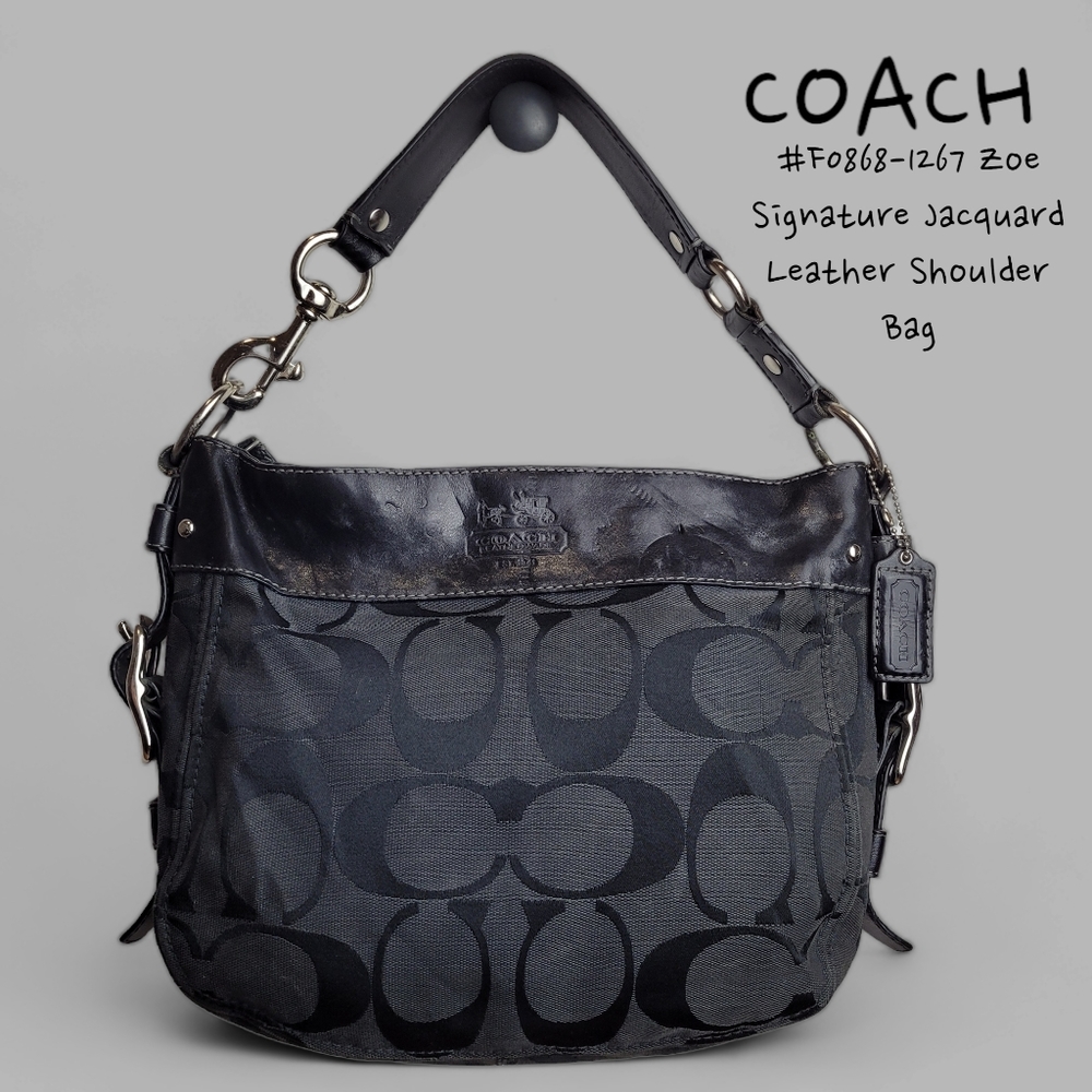 Coach #F0868 Zoe Signature C Jacquard & Leather Shoulder Bag in black / grey